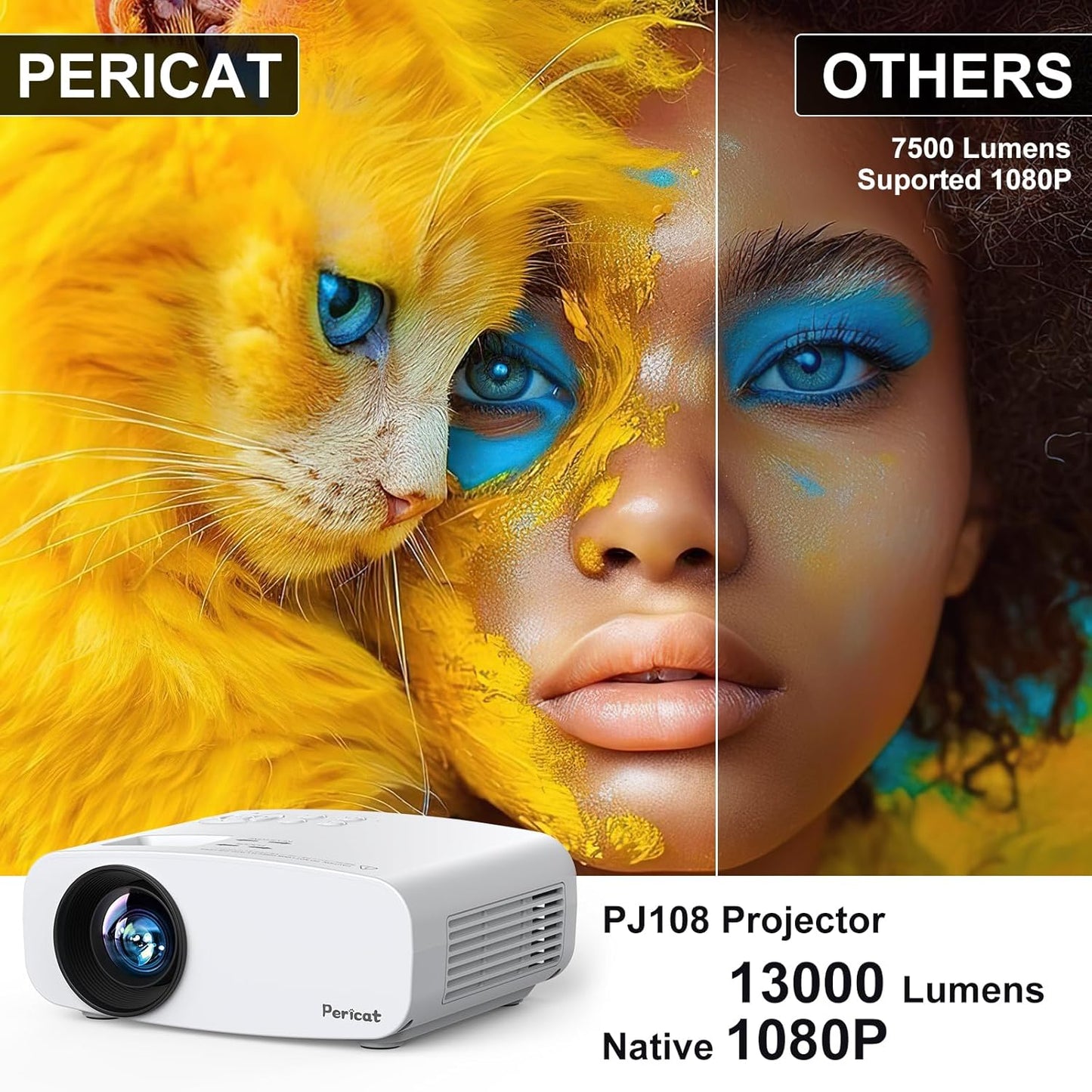 Pericat 5G WiFi Projector Bluetooth,10000L Native 1080P Outdoor Portable Video Projector 4K Supported,Home Theater Movie Projector 300'' Display,Compatible iOS/Android//PC/TV Stick/PS5