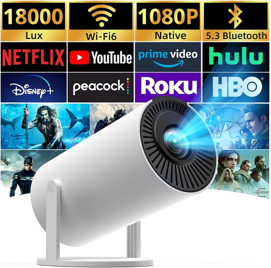 Auto Keystone Projector with WIFI and Bluetooth, Pericat 210° Rotatable Portable Projector, 18000L Native 1080P Home Theater, Outdoor Movie Projectors Compatible with TV Stick, Laptop, PC, Smartphone