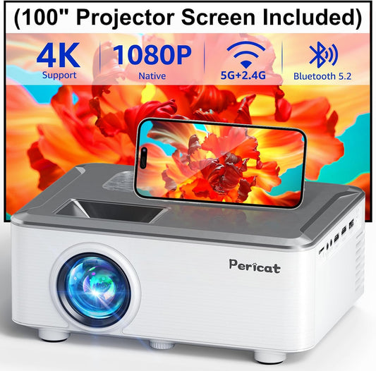 5G WIFI Bluetooth Projector with 100" Screen, 15000L Native 1080P Outdoor Projector, Pericat Home Theater Movie Projector,15W HIFI Speaker Video Projector Compatible with TV Stick/Phone/PC/Xbox