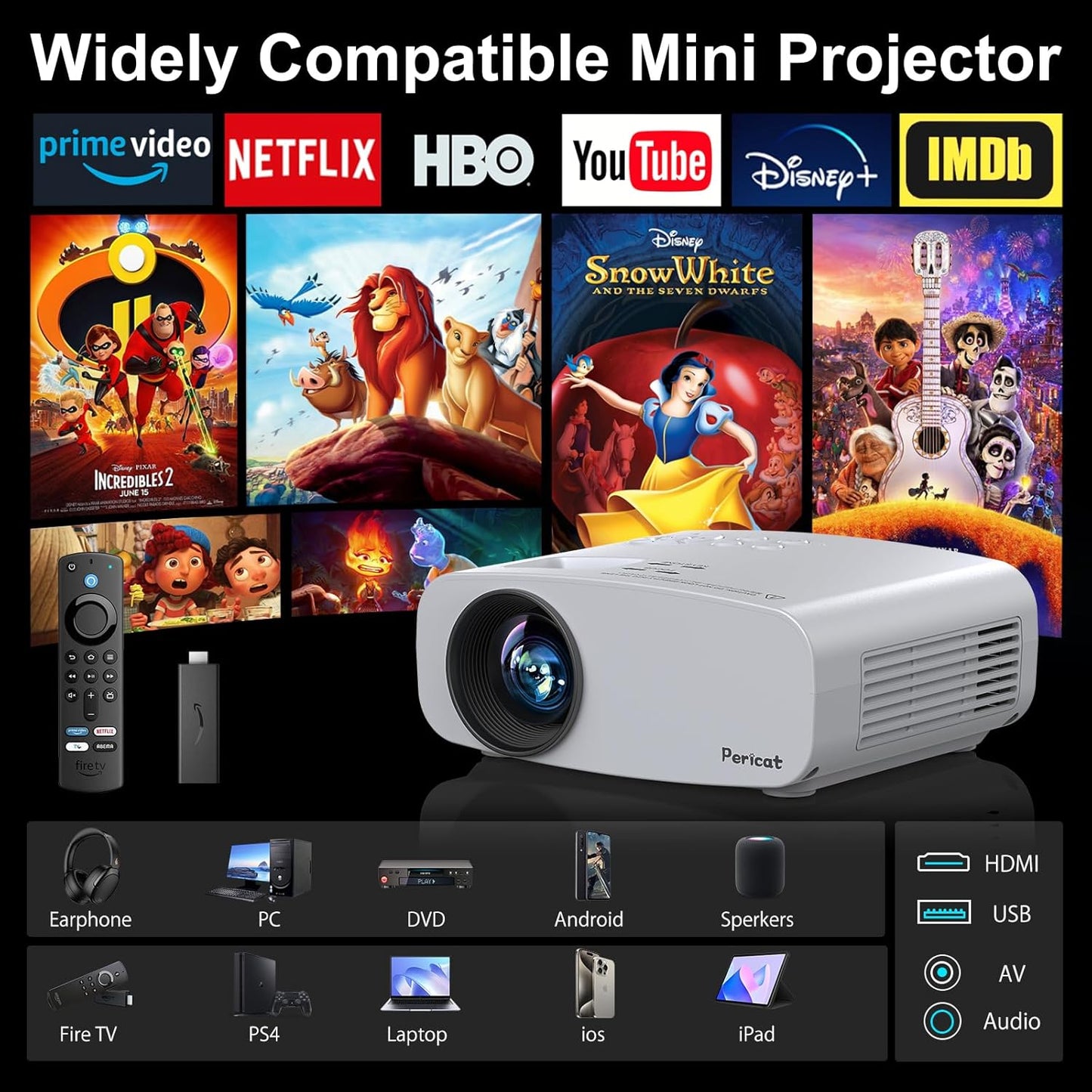 Pericat 5G WiFi Projector Bluetooth,10000L Native 1080P Outdoor Portable Video Projector 4K Supported,Home Theater Movie Projector 300'' Display,Compatible iOS/Android//PC/TV Stick/PS5