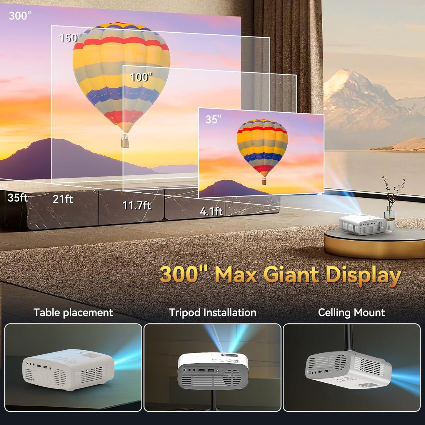 Pericat 5G WiFi Projector Bluetooth,10000L Native 1080P Outdoor Portable Video Projector 4K Supported,Home Theater Movie Projector 300'' Display,Compatible iOS/Android//PC/TV Stick/PS5