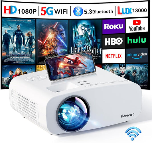Pericat 5G WiFi Projector Bluetooth,10000L Native 1080P Outdoor Portable Video Projector 4K Supported,Home Theater Movie Projector 300'' Display,Compatible iOS/Android//PC/TV Stick/PS5