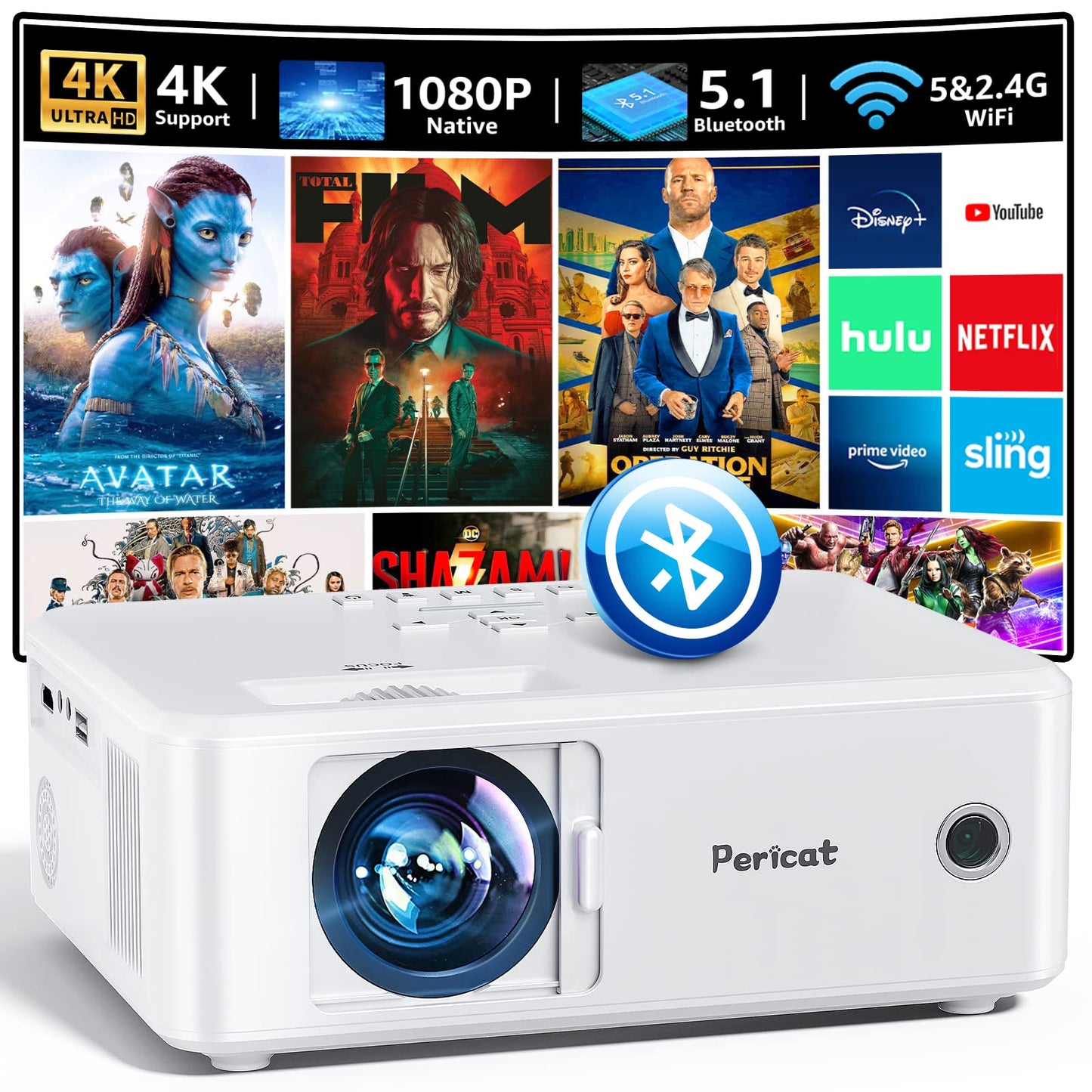 Pericat Projector with WiFi and Bluetooth, 5G WiFi Native 1080P Movie Projector, 9800L 4K Supported Portable Outdoor Projector