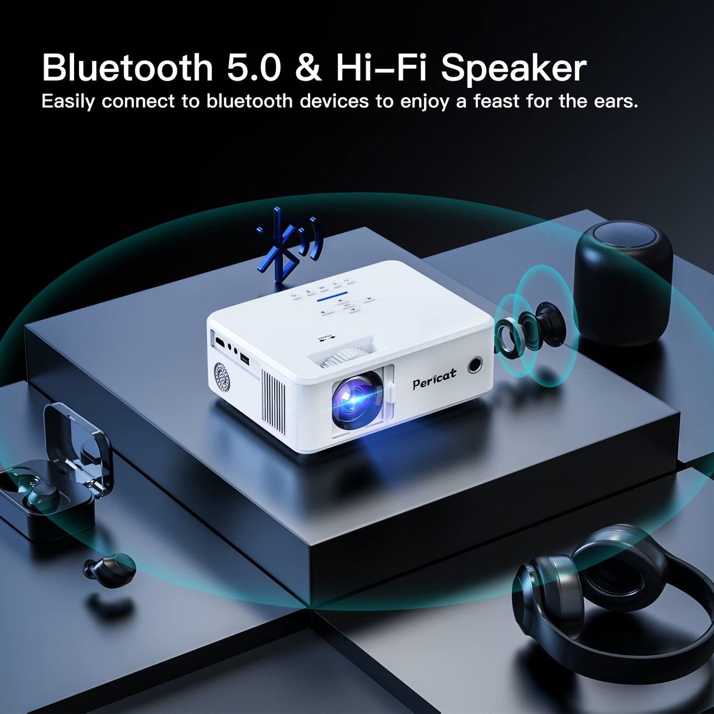 Pericat Projector with WiFi and Bluetooth, 5G WiFi Native 1080P Movie Projector, 9800L 4K Supported Portable Outdoor Projector