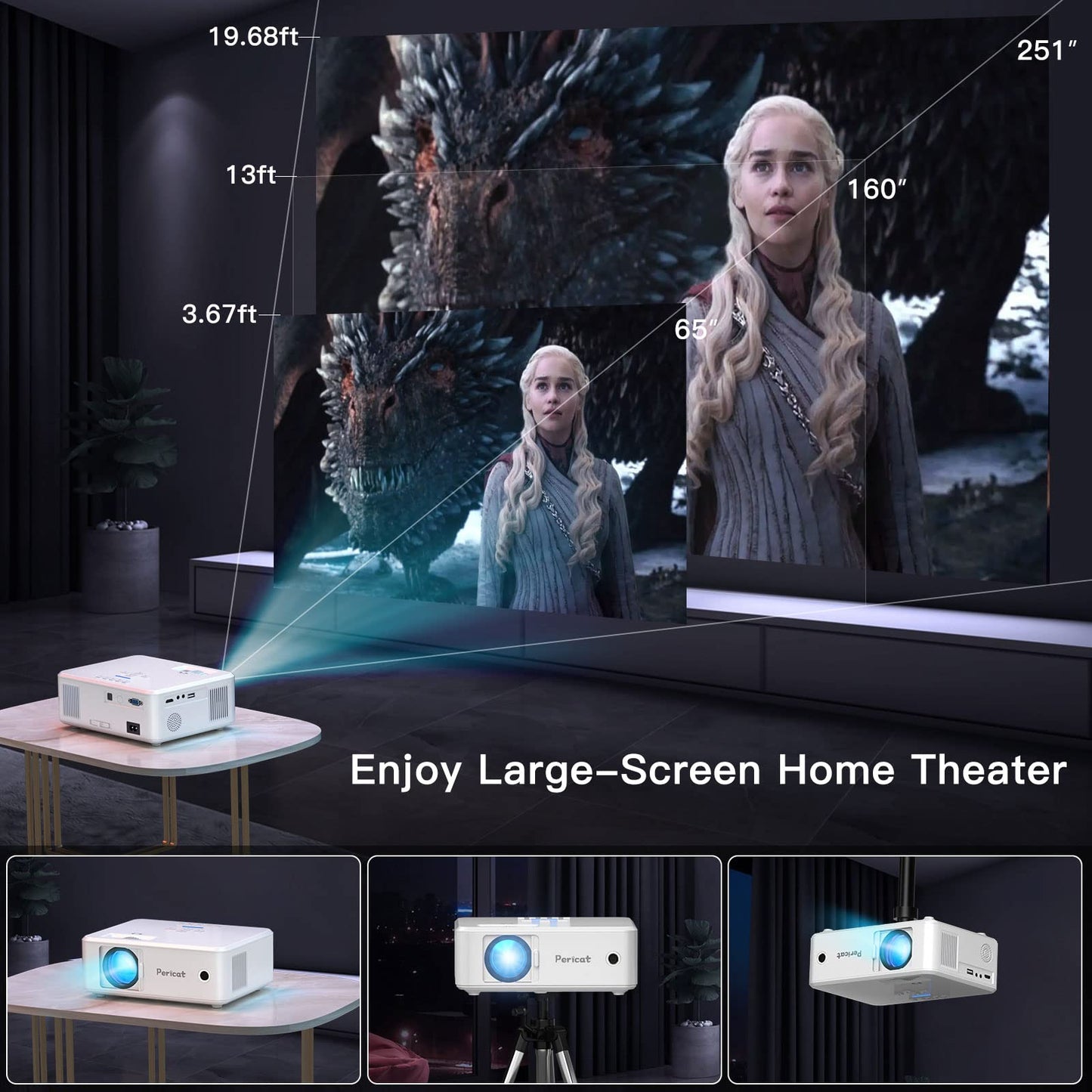 Pericat Projector with WiFi and Bluetooth, 5G WiFi Native 1080P Movie Projector, 9800L 4K Supported Portable Outdoor Projector