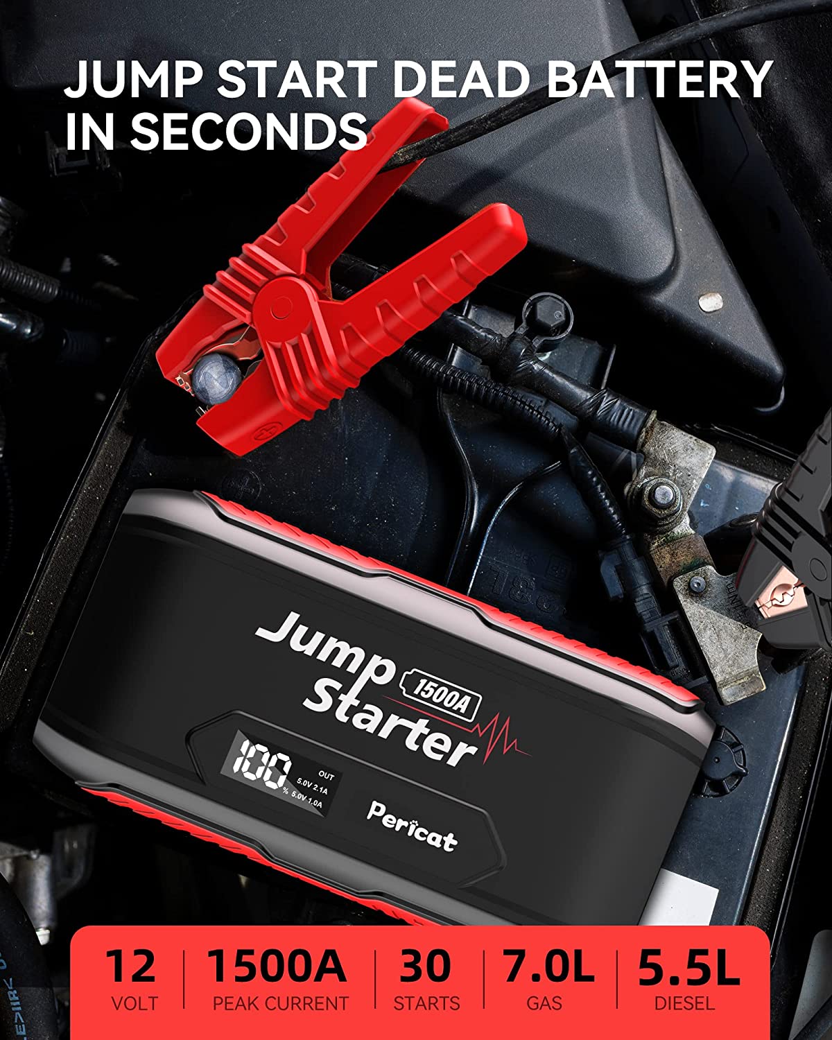 Pericat S400 Car Jump Starter,1500A Peak 18000mAh Portable Jump Starter Battery Pack