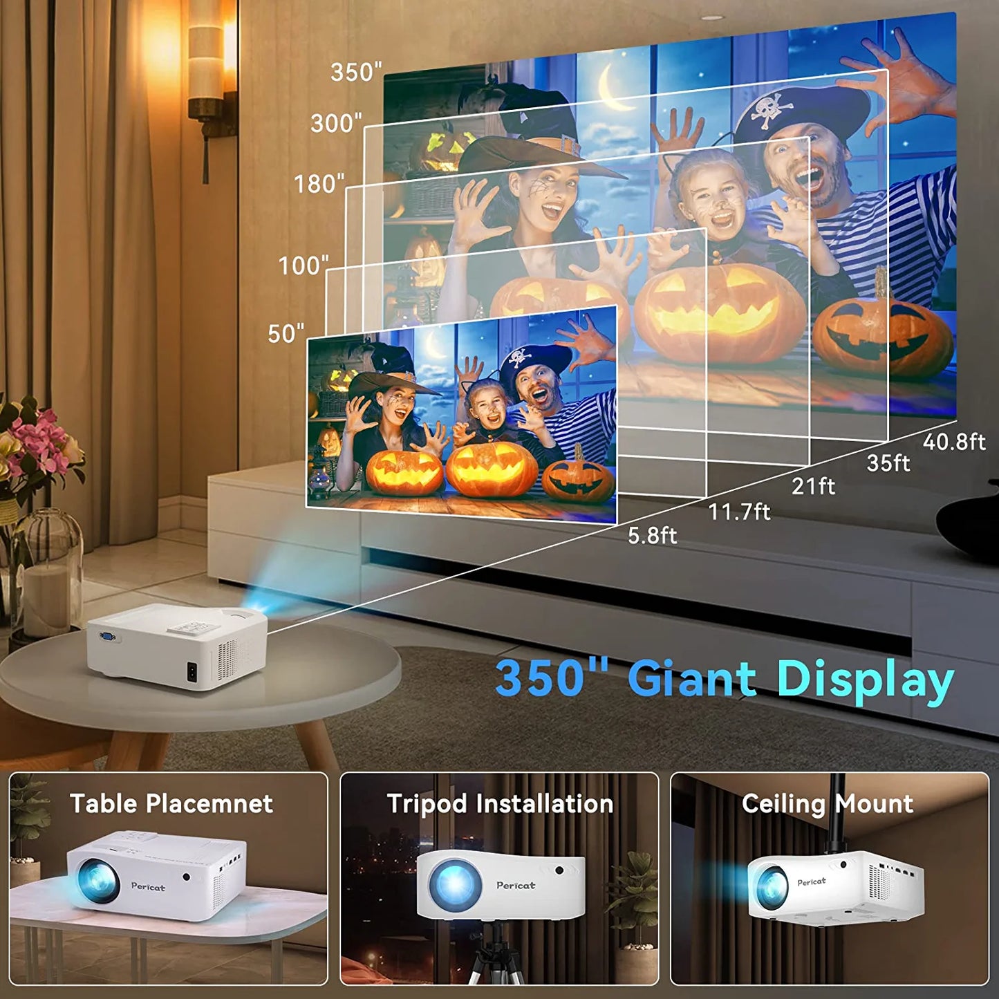 Pericat PT01 Native 1080P Outdoor Movie Projector with 350" Display