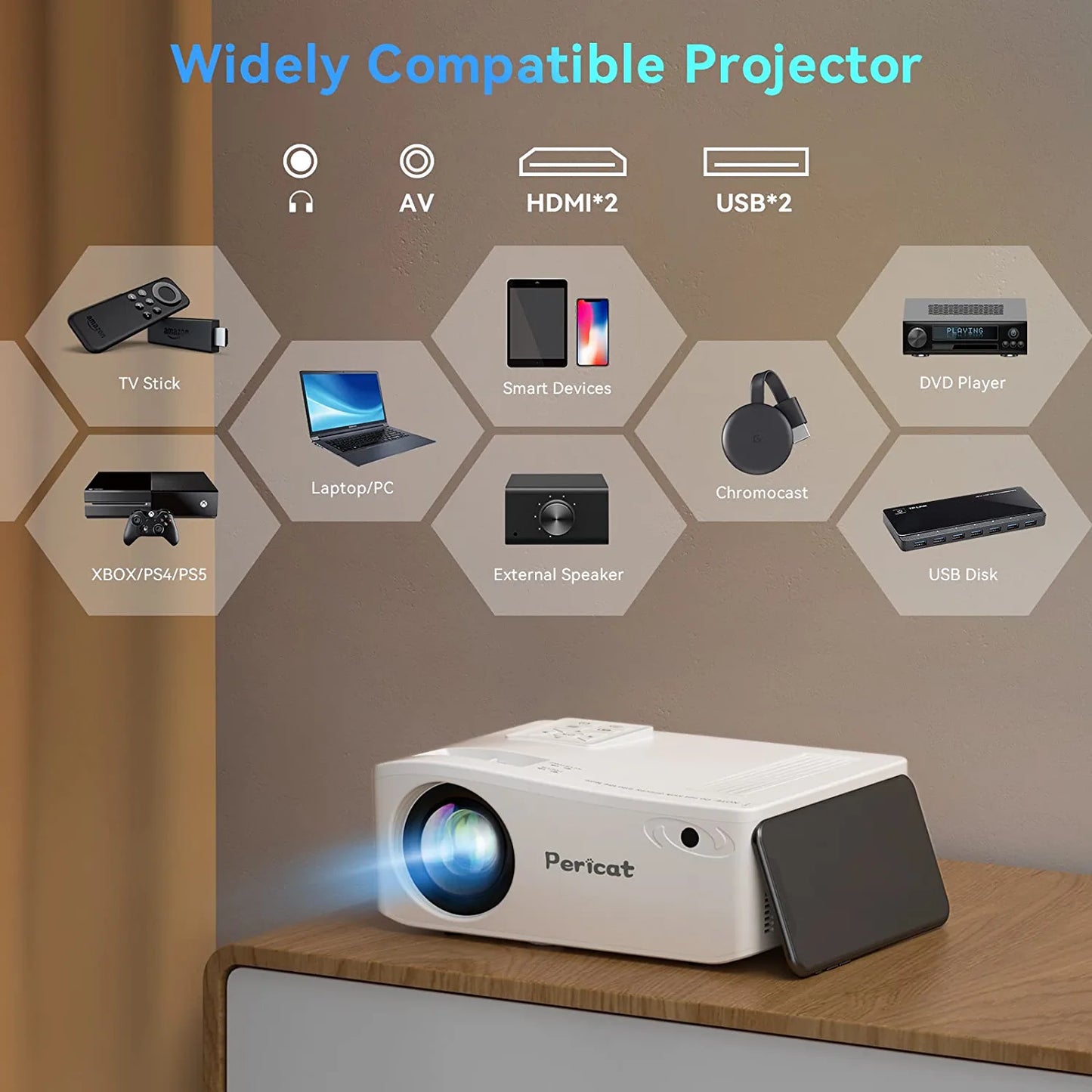 Pericat PT01 Native 1080P Outdoor Movie Projector with 350" Display
